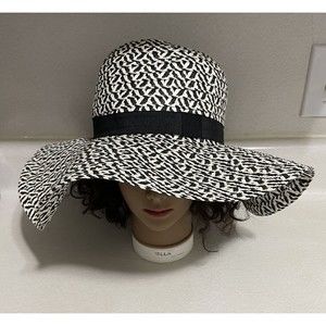 O’RAGEOUS Beach Hat Soft Floppy Navy‎ Blue & White Straw Summer Sun Hat EUC